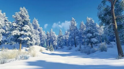 A beautiful snow-covered forest under a clear blue winter sky.