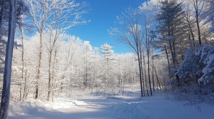 Obraz premium A beautiful snow-covered forest under a clear blue winter sky.