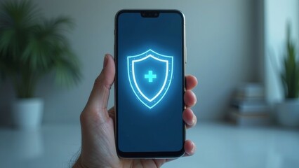 Hand Holding Smartphone Displaying Digital Shield on Health App Interface