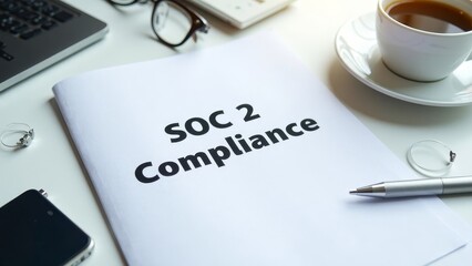SOC 2 Compliance Manual on a Minimalist Desk with Coffee