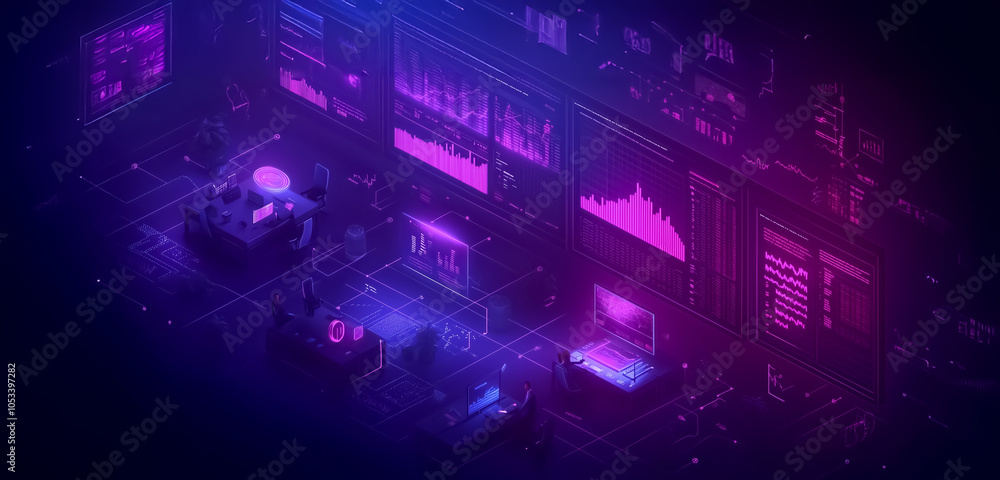 Poster an isometric data analysis room where a diverse team monitors digital displays, symbolizing teamwork