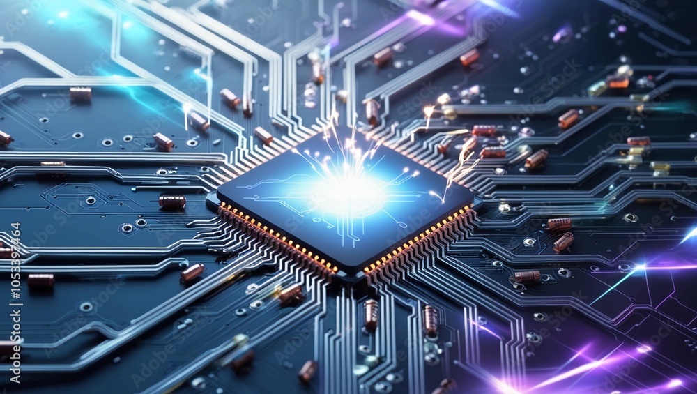 Poster complex blue high-tech digital interface with blue light elements and futuristic board pattern with 
