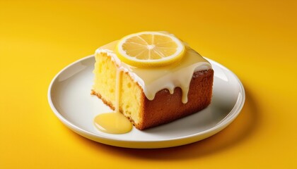 Close-Up of Moist Lemon Drizzle Cake Slice with Icing Drips and Lemon Slice on Yellow Background. Ideal for Summer Desserts, Bakery Ads, and Fresh, Tangy Citrus Recipe Concepts