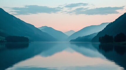 A peaceful lake surrounded by mountains at dawn, symbolizing tranquility, concept tranquility 