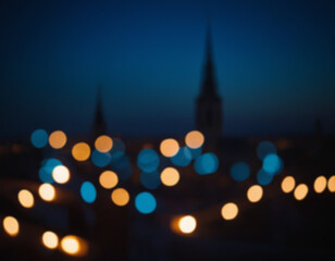 Fototapeta premium Beautiful city night bokeh light, abstract blur defocused background. Colorful overlay glitter lights for layout design. Boke glows concept of Celebration, Christmas or festival seasonal background.