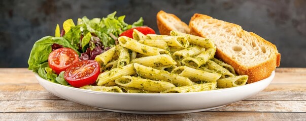 Visualization of a platter of pesto pasta served with garlic bread and a side salad, perfect for a family-style meal, Pesto pasta platter, Green and fresh