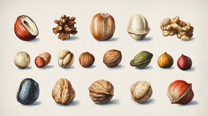 Nut set collection hand-drawn in sketch and watercolor style.
