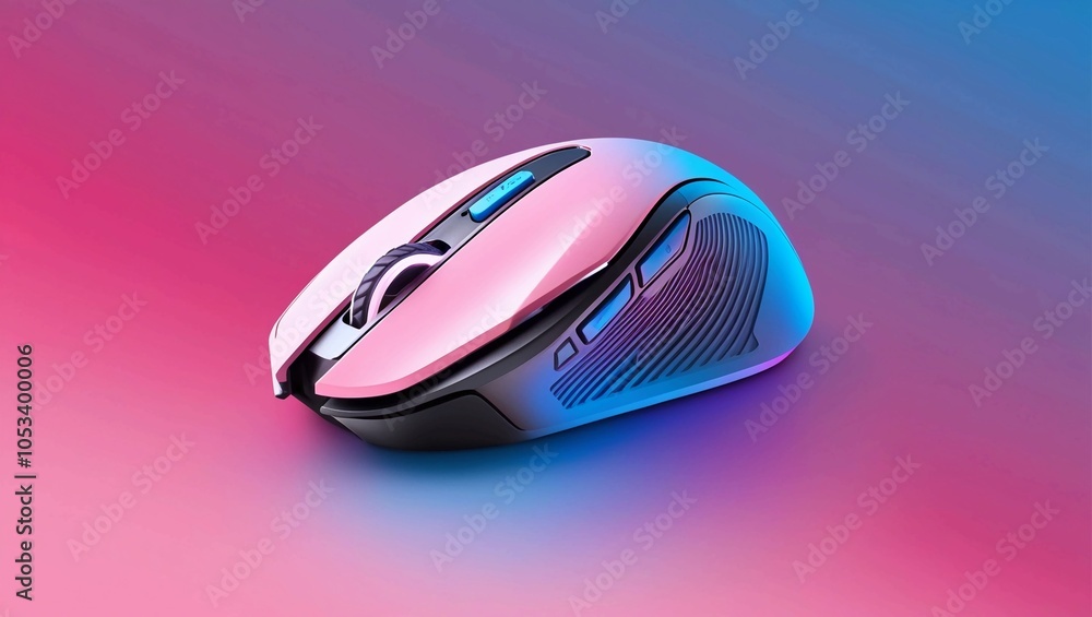 Poster modern wireless computer mouse displayed against a pink and blue gradient background, featuring slee