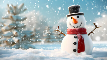 Fototapeta premium Festive snowman wearing red scarf and black hat in snowy field with gentle falling snow