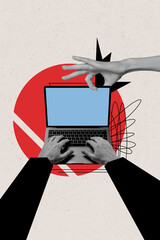 Composite trend artwork 3D sketch image photo collage of cyberspace laptop business man hands type...