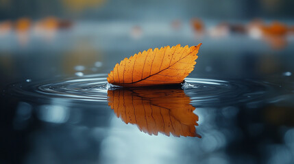 Fototapeta premium A single leaf is seen floating on the surface of a pool of calm water
