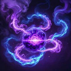 A 3D illustration of a glowing purple orb with a swirling texture surrounded by luminous blue and purple smoke on a dark background.