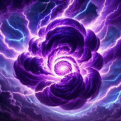 Obraz premium A swirling, purple storm cloud in a dark sky with multiple bolts of lightning flashing around it. The cloud has a bright, white center, and the edges are fuzzy.
