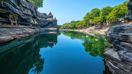 Fototapeta premium Serene River Reflection Near Ancient Rock Temples