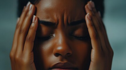 Obraz premium A close-up of hands rubbing the temples to soothe a migraine.