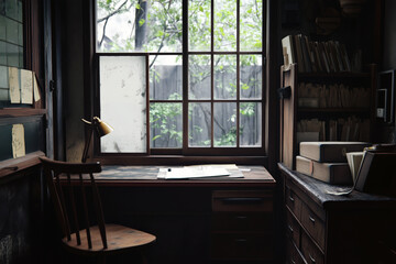 Simple wabi-sabi workspace with an aged wooden desk, minimal decor, and soft natural lighting from a nearby window.