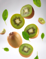 Fototapeta premium Kiwi fruits with leaves floating or flying isolated white background