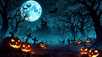 Halloween background with pumpkins and full moon at night