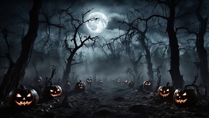 Halloween background with pumpkins and full moon at night