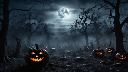 Halloween background with pumpkins and full moon at night