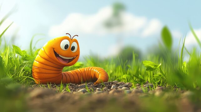 Happy Cartoon Worm in Whimsical Outdoor Setting