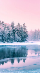 Serene frozen lake with pink dawn hues, snow-covered trees, and soft pastel sky in winter morning