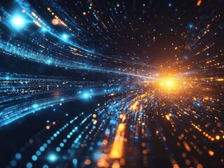 Obraz premium Abstract representation of light trails and particles in motion, evoking a sense of speed.