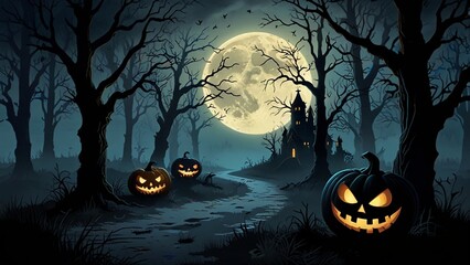 Halloween background with pumpkins and full moon at night