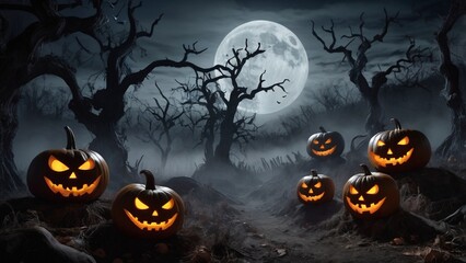 Halloween background with pumpkins and full moon at night