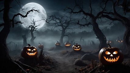 Halloween background with pumpkins and full moon at night