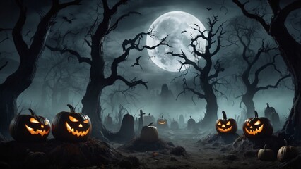 Halloween background with pumpkins and full moon at night