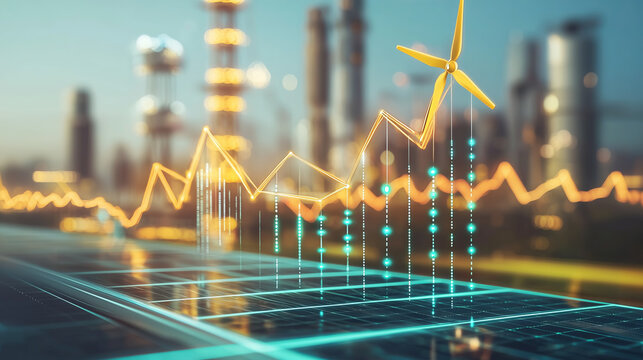 A golden wind turbine spins above a rising graph on a digital surface..