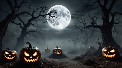 Halloween background with pumpkins and full moon at night