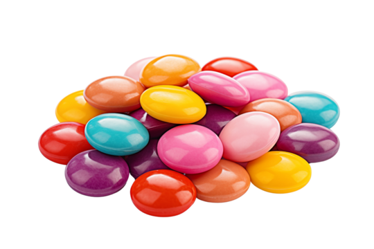 Colorful assorted candy buttons create vibrant and delightful pile, with variety of bright hues that evoke joy and sweetness on transparent background