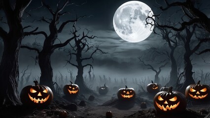 Halloween background with pumpkins and full moon at night