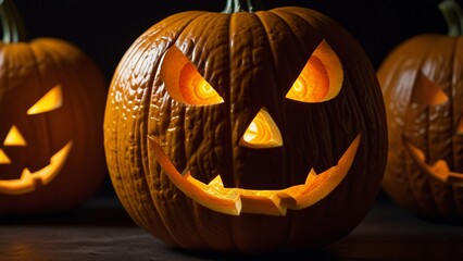 Halloween pumpkins with scary faces on black background, 3d render at night