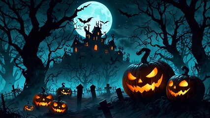 Halloween background with pumpkins and full moon at night