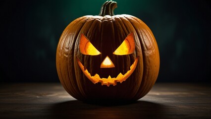 Halloween pumpkins with scary faces on black background, 3d render at night