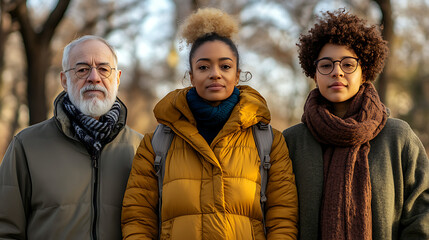 Happy family of three generations standing in a row in a park, each generation side by side, looking at the camera 