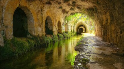 Fototapeta premium Tranquil Underground Tunnel with Small Stream