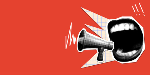 Modern collage with screaming mouth and bullhorn. Halftone newspaper elements. Advertising banner with megaphone and copy space. Woman shouting into loudspeaker