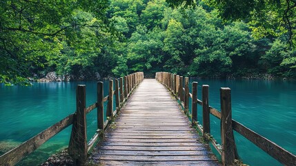 Obraz premium Calm Wooden Bridge Over Serene Green Waters