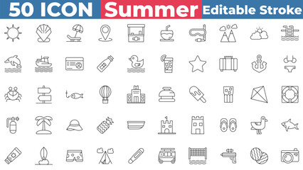 Summer icon collection set. Containing Camera, Shark, Location Pin, Coconut, Ice Cream, And More. Editable stroke outline icon.