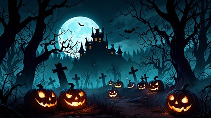 Halloween background with pumpkins and full moon at night