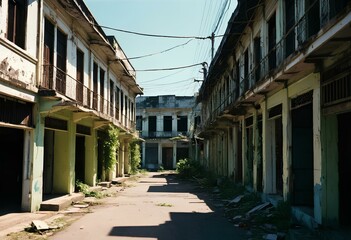 Obraz premium Quiet and deserted streets of old commercial buildings. That was dilapidated under the bright afternoon sun. It's like being shot with a film camera in the 90s.