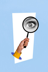 Vertical poster collage hand body fragment magnifying loop glass see watch eyeball stare examine...