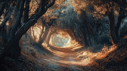 Serene Forest Tunnel with Dappled Light Effects