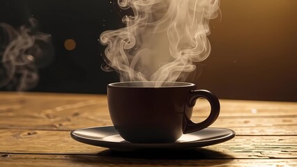 a cup of hot coffee is on the table, steam comes from the cup