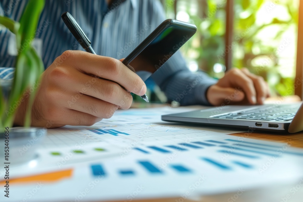 Poster close-up of a man's hands working with charts and a phone