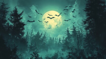 Obraz premium Spooky Halloween Night with Bats and Full Moon